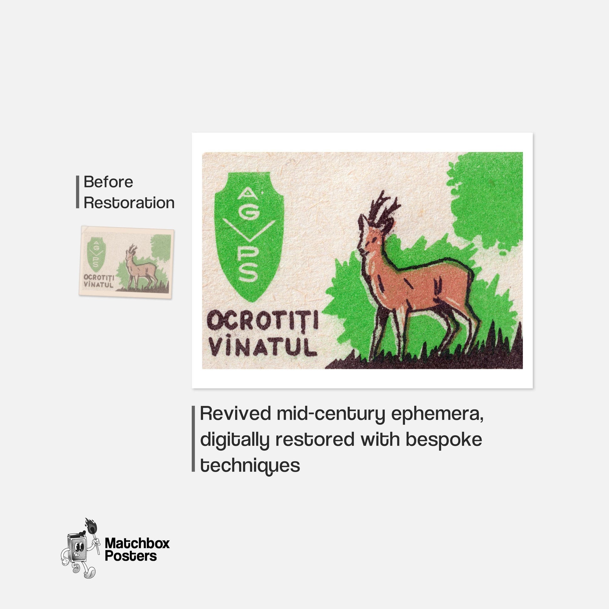 Protect the Deer - vintage matchbox label print - framed wall art preview