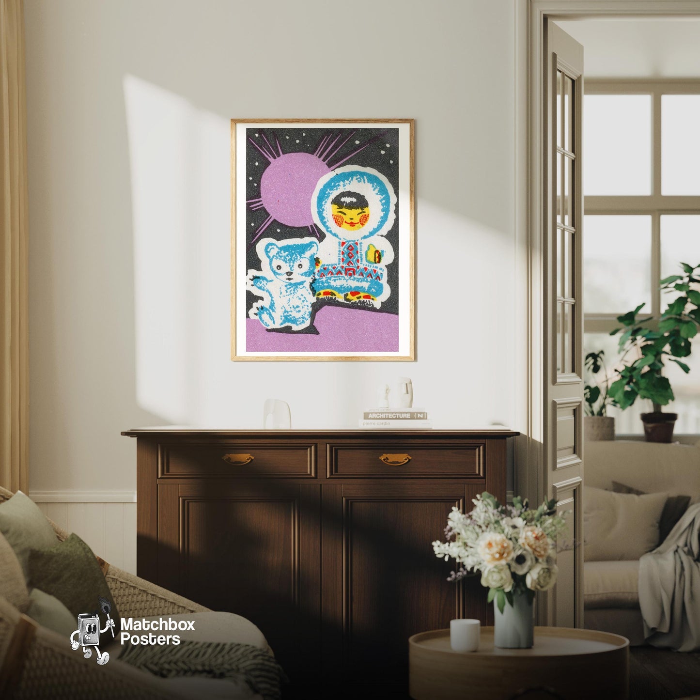 Child with Bear - vintage matchbox label print - living room mockup