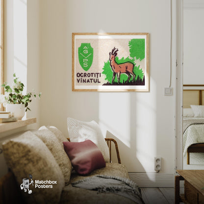 Protect the Deer - vintage matchbox label print - living room mockup