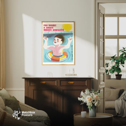 Swimming Child - vintage matchbox label print - living room mockup