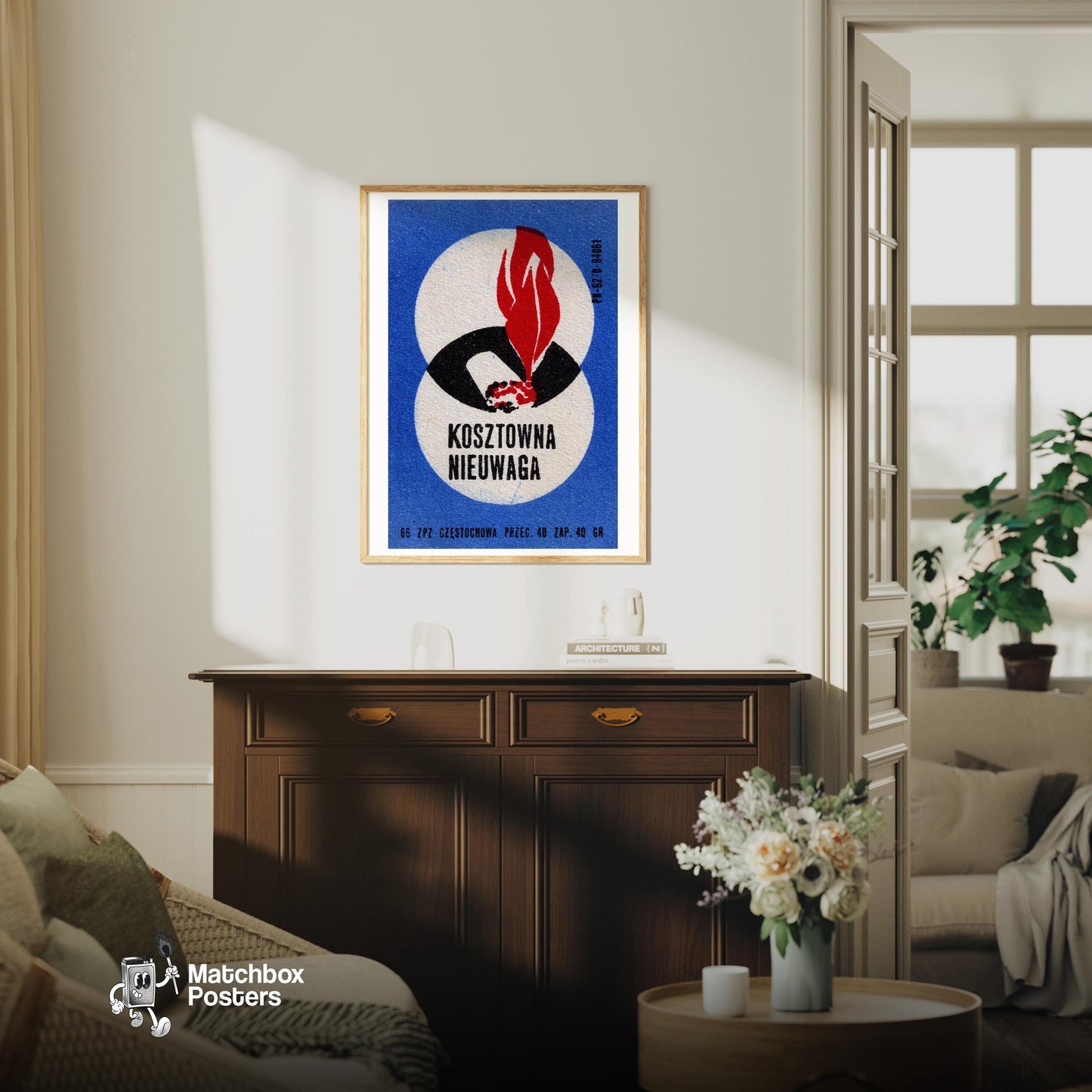 Burning Cigarette - vintage matchbox label print - living room mockup