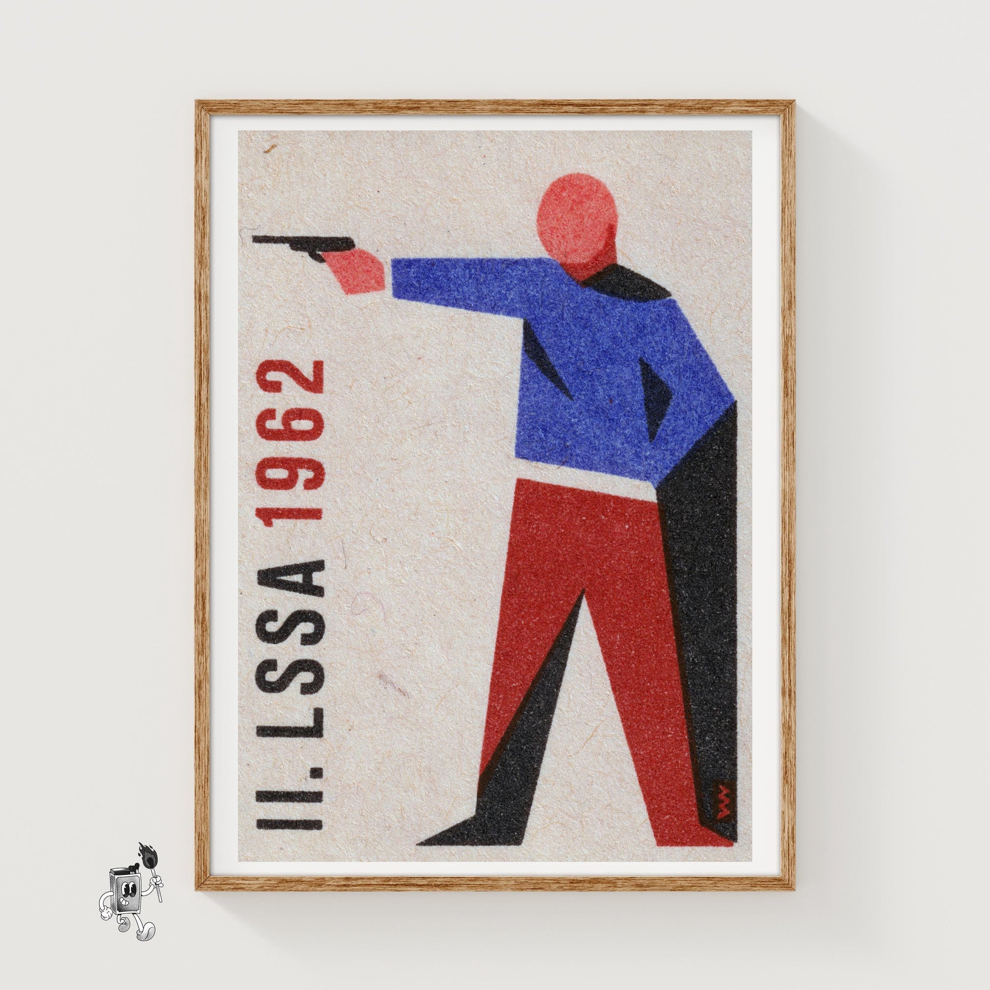 Stylized Figure Aiming A Gun - vintage matchbox label print