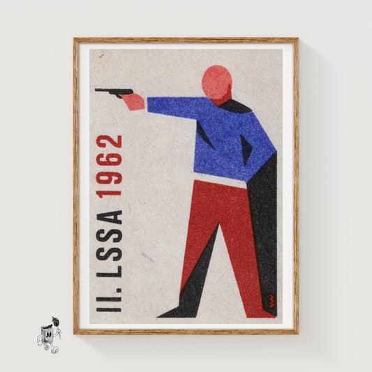 Stylized Figure Aiming A Gun - vintage matchbox label print