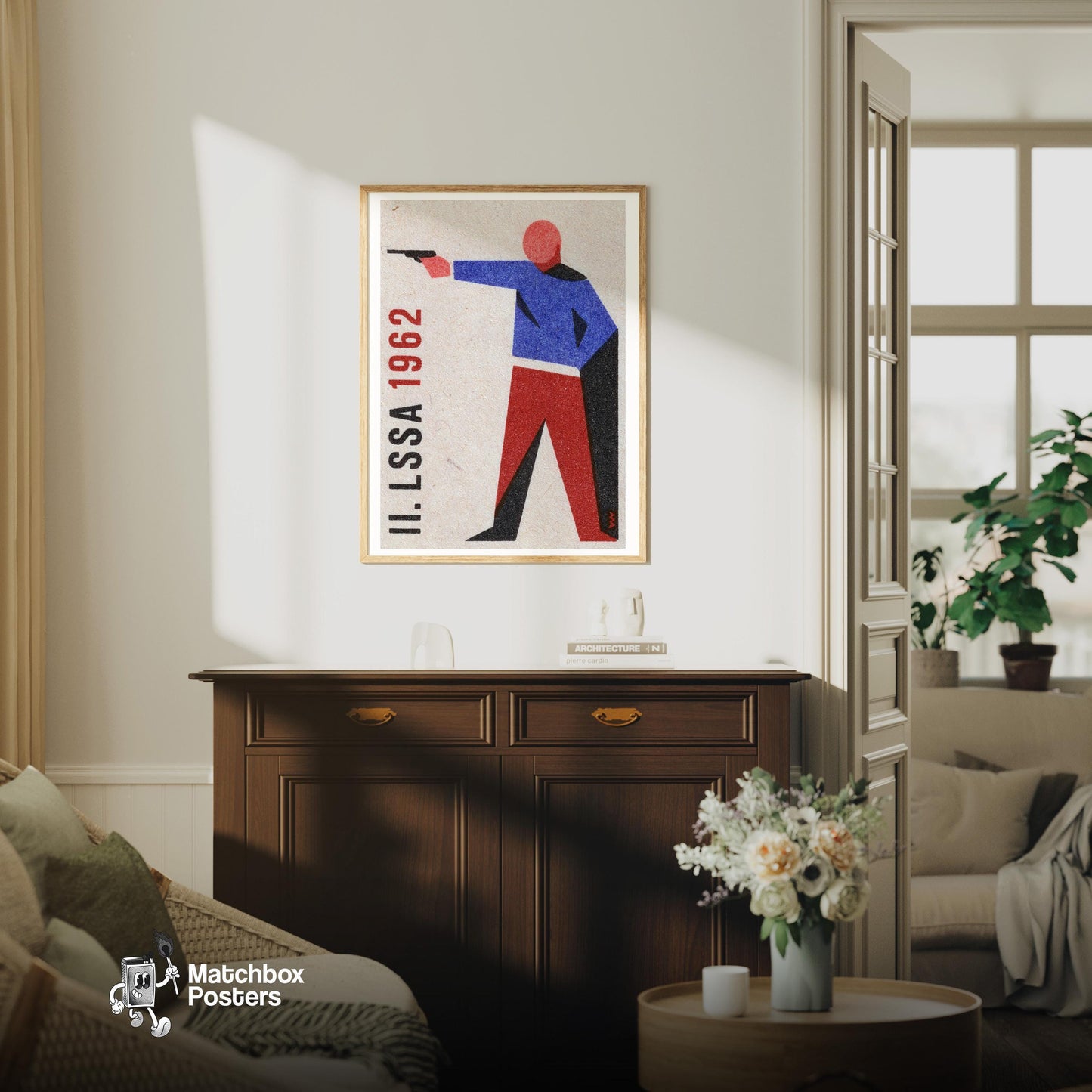 Stylized Figure Aiming A Gun - vintage matchbox label print - living room mockup