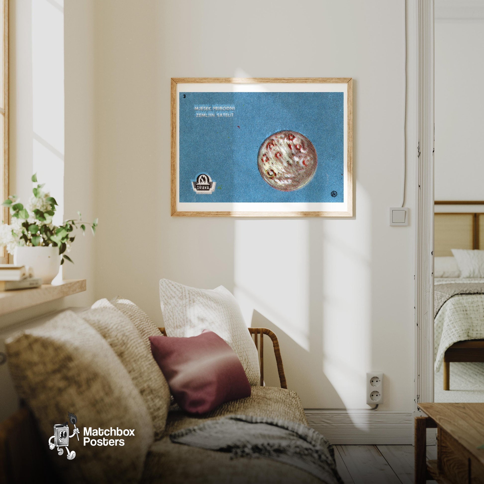 Moon - vintage matchbox label print - living room mockup