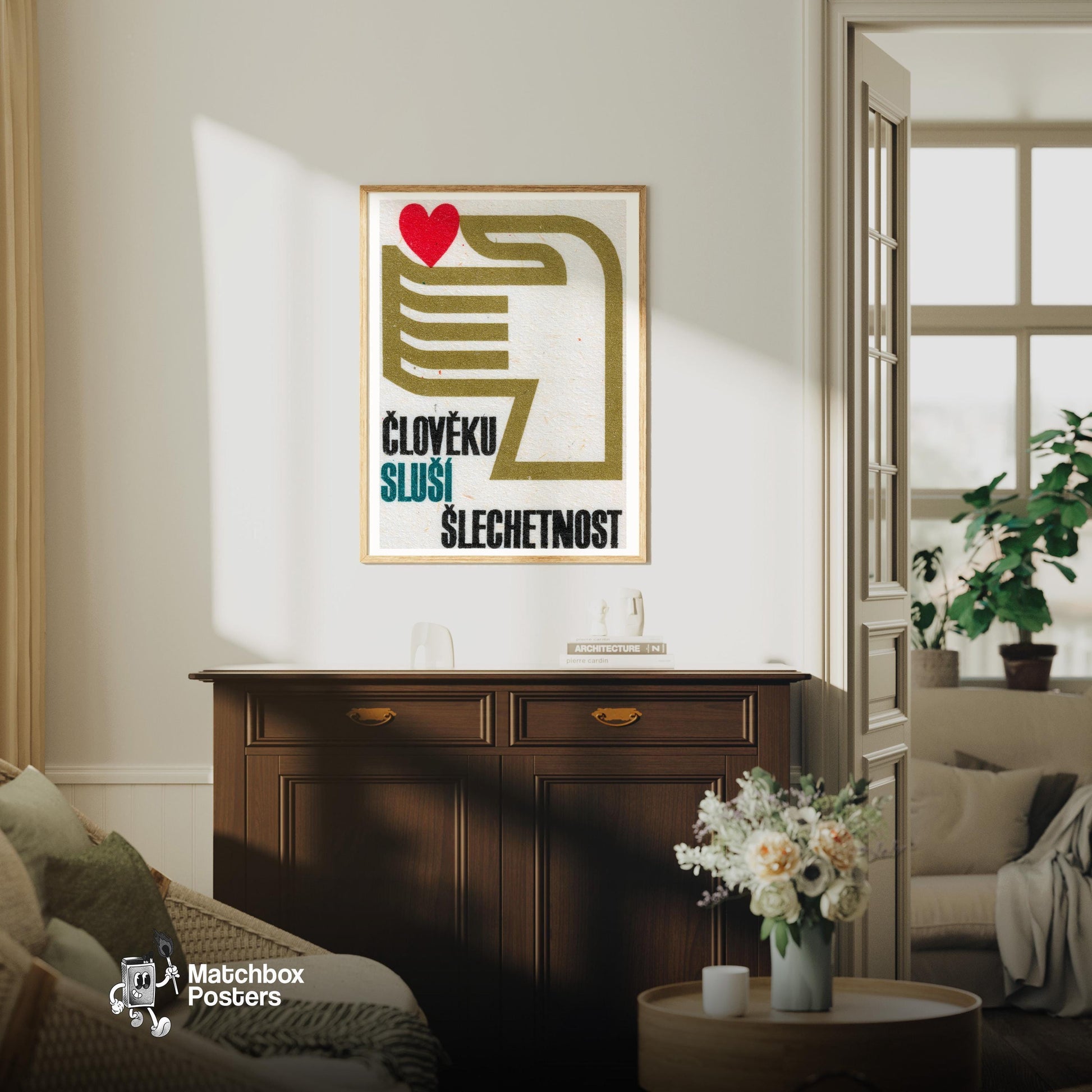 Hand Holding Love Heart - vintage matchbox label print - living room mockup