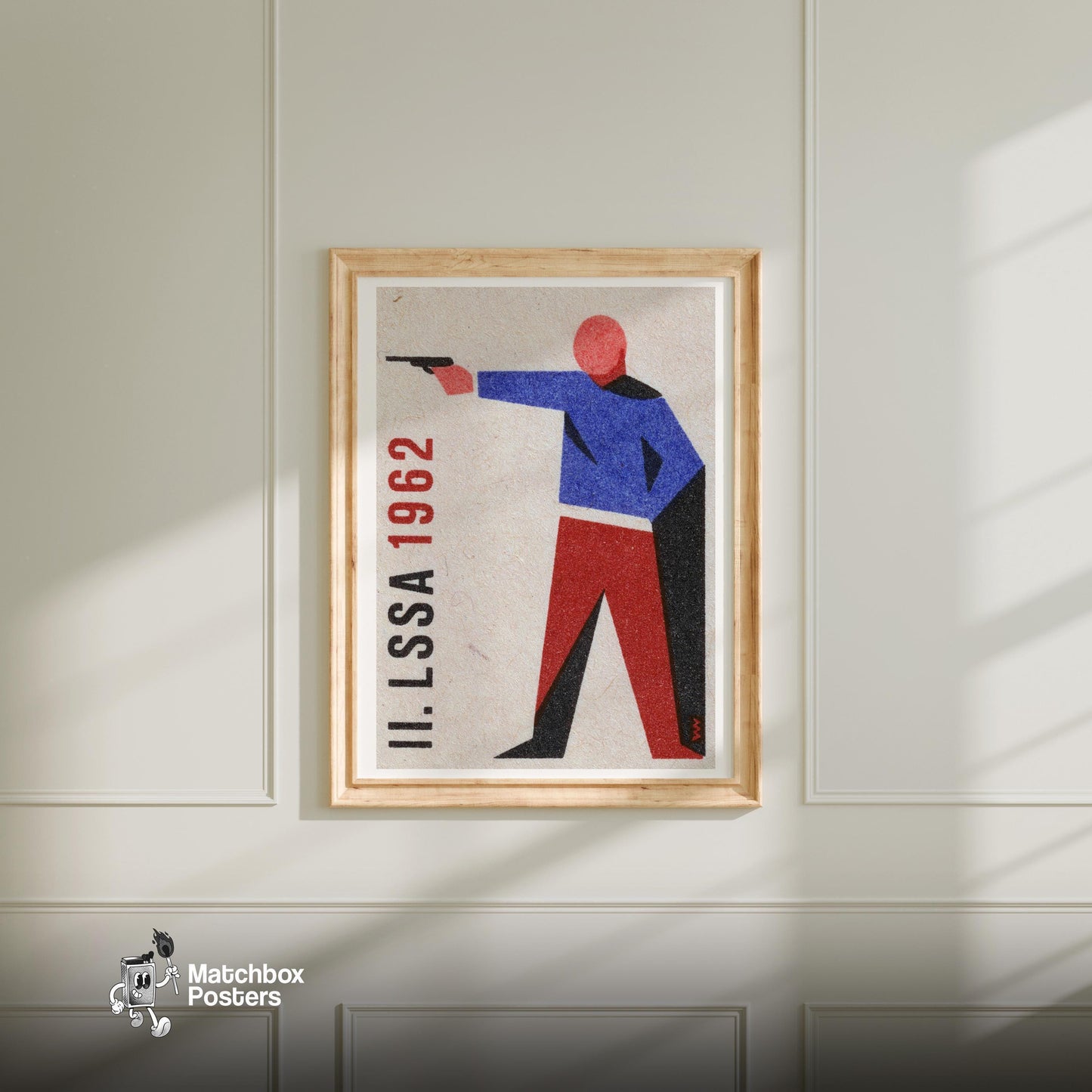 Stylized Figure Aiming A Gun - vintage matchbox label print - bedroom mockup