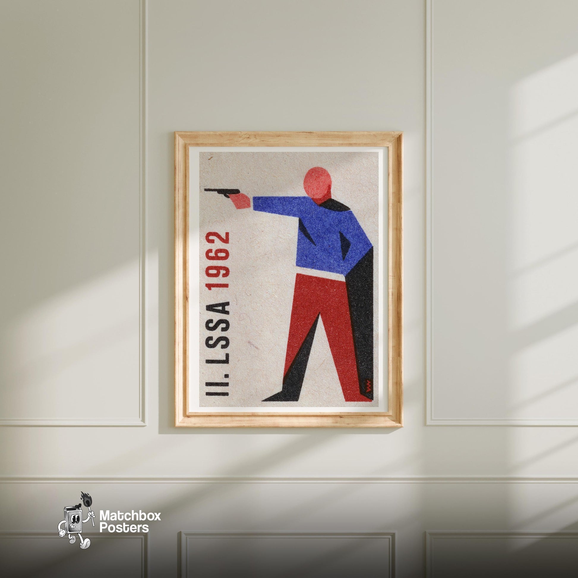 Stylized Figure Aiming A Gun - vintage matchbox label print - bedroom mockup