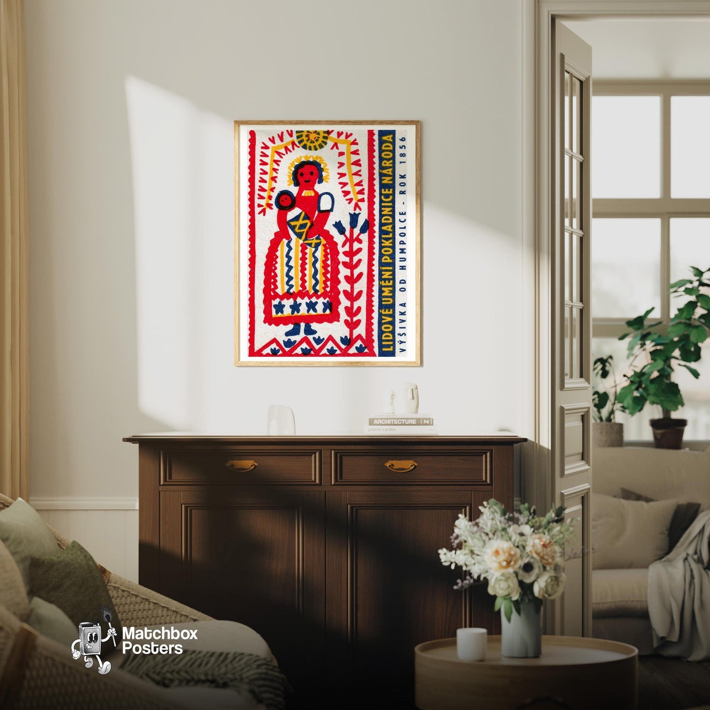 Folk Woman with Baby - vintage matchbox label print - living room mockup