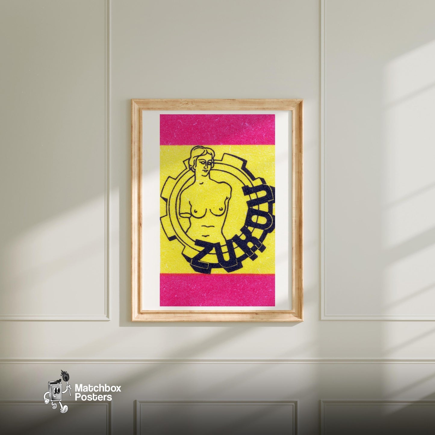 Industrial Female Figure - vintage matchbox label print - bedroom mockup