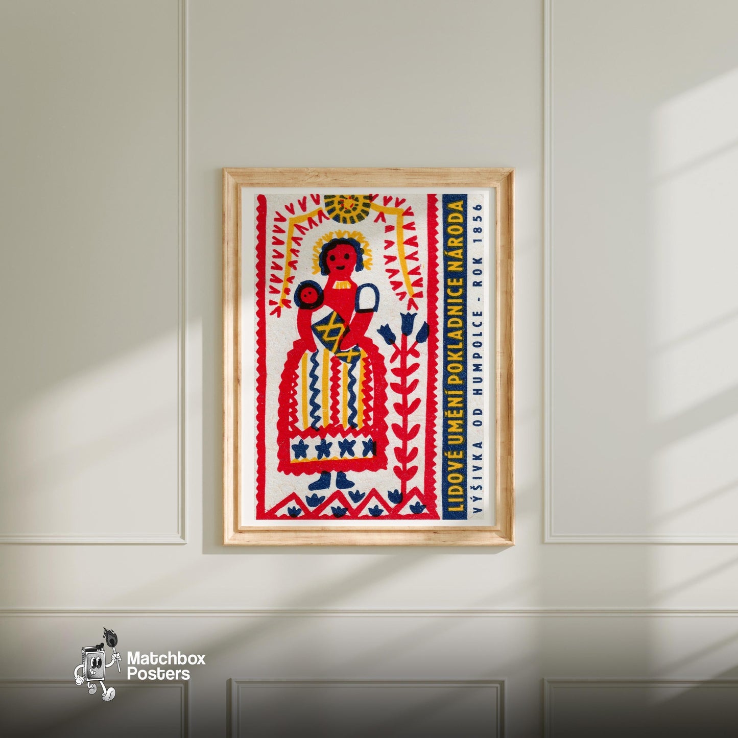Folk Woman with Baby - vintage matchbox label print - bedroom mockup