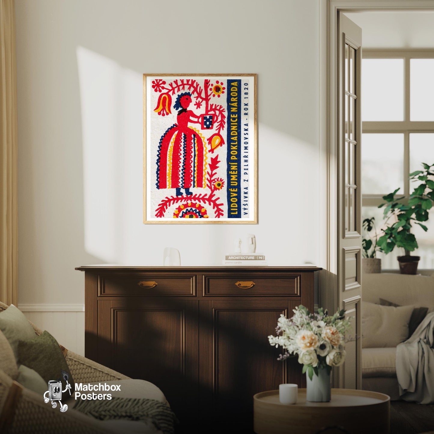 Folk Woman - vintage matchbox label print - living room mockup