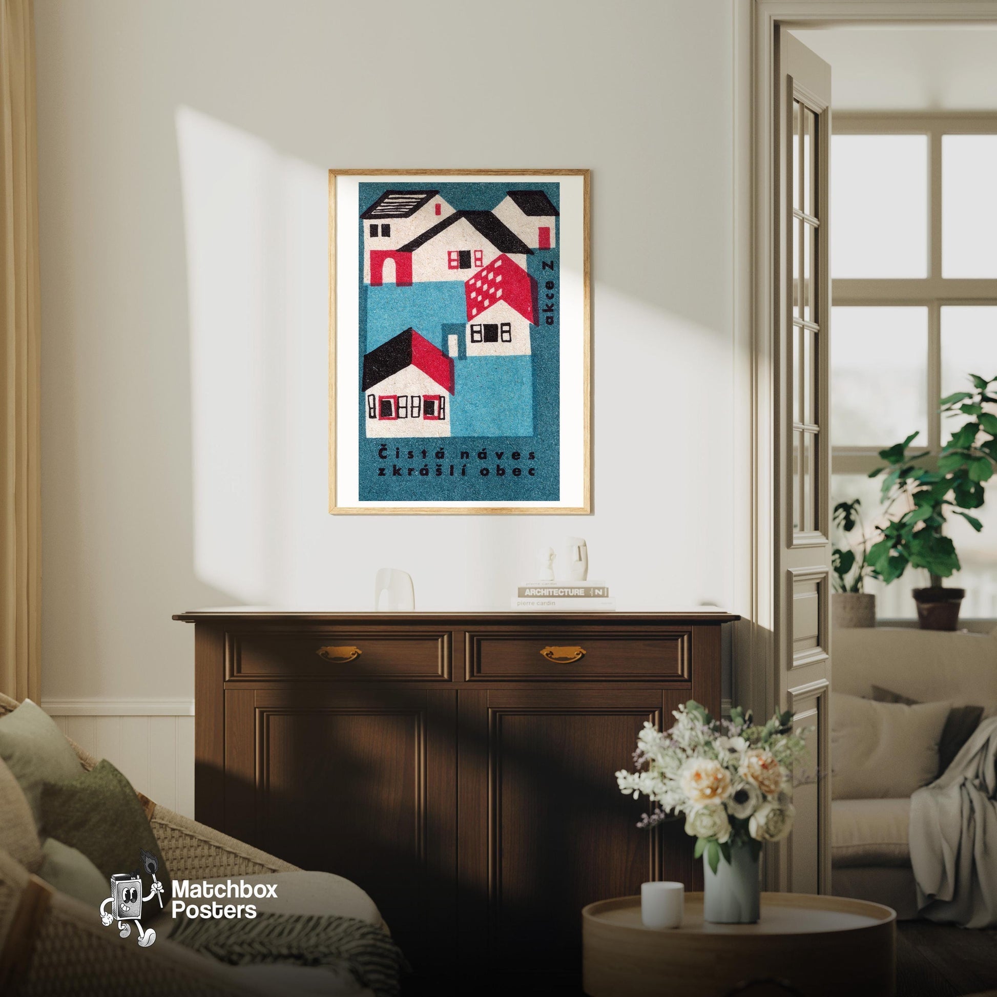 Czech Village - vintage matchbox label print - living room mockup