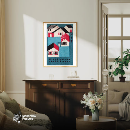 Czech Village - vintage matchbox label print - living room mockup