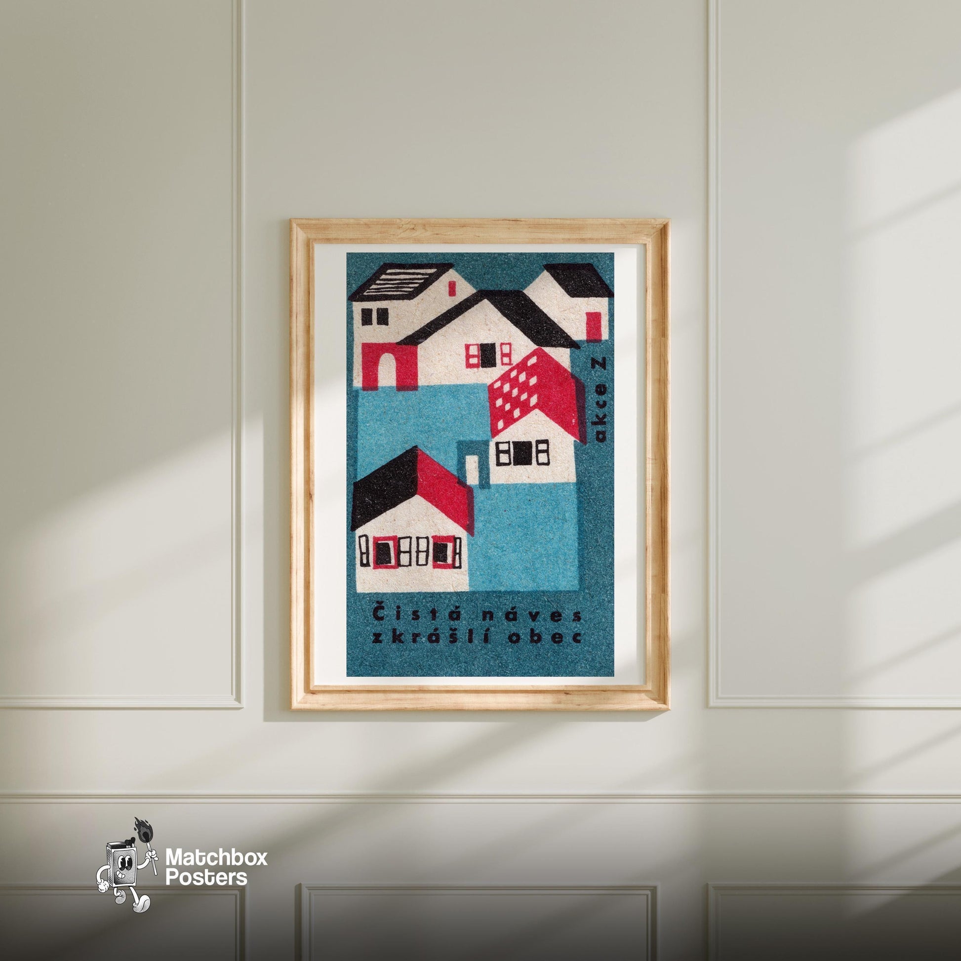 Czech Village - vintage matchbox label print - bedroom mockup