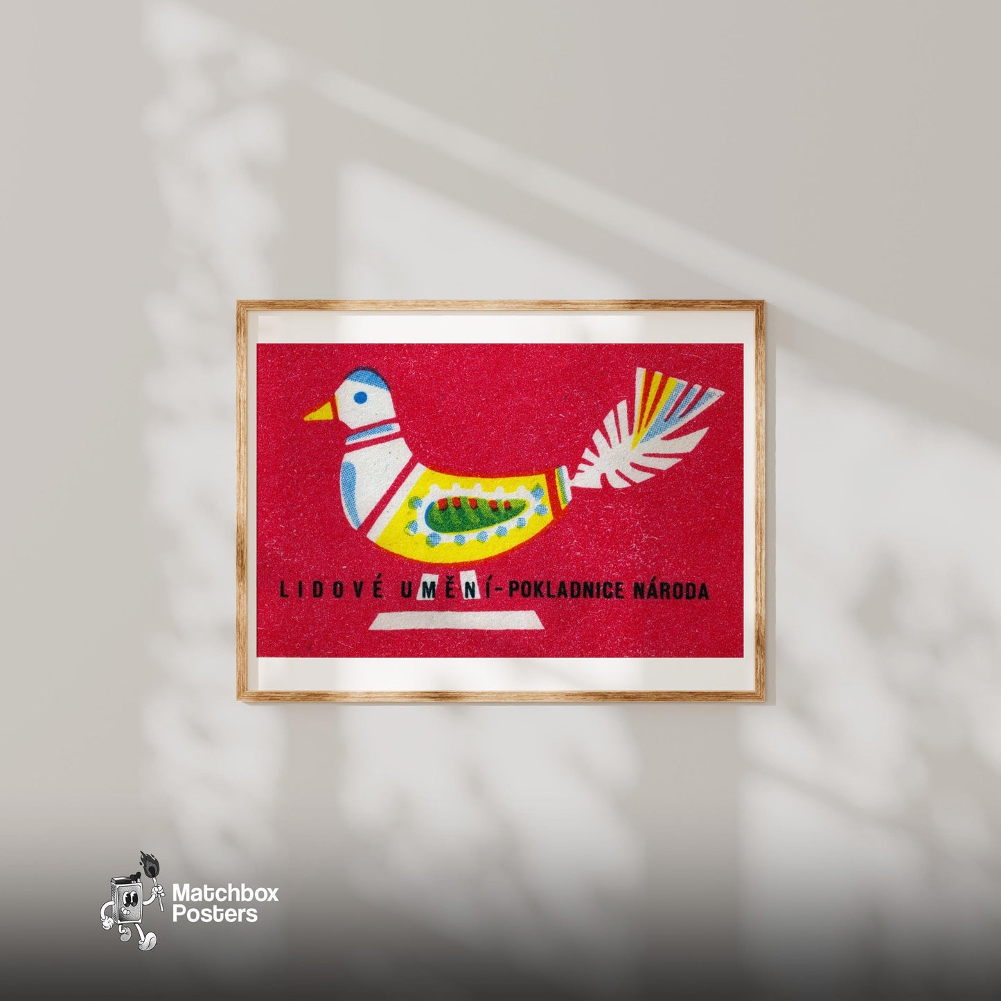 Folk Dove - vintage matchbox label print - bedroom mockup