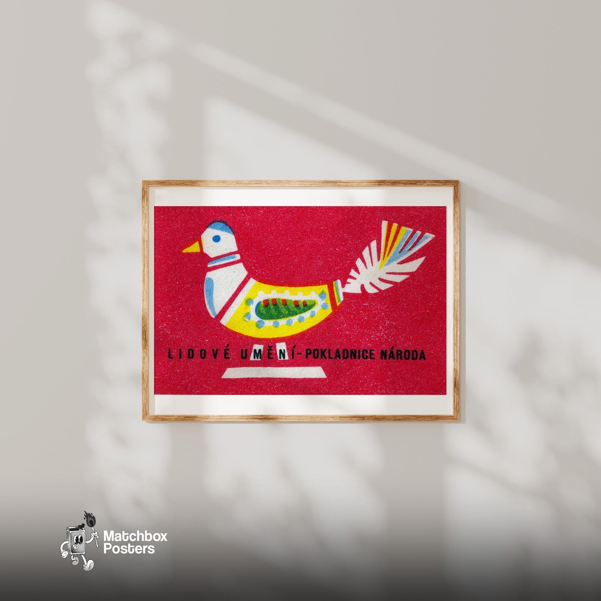 Folk Dove - vintage matchbox label print - bedroom mockup