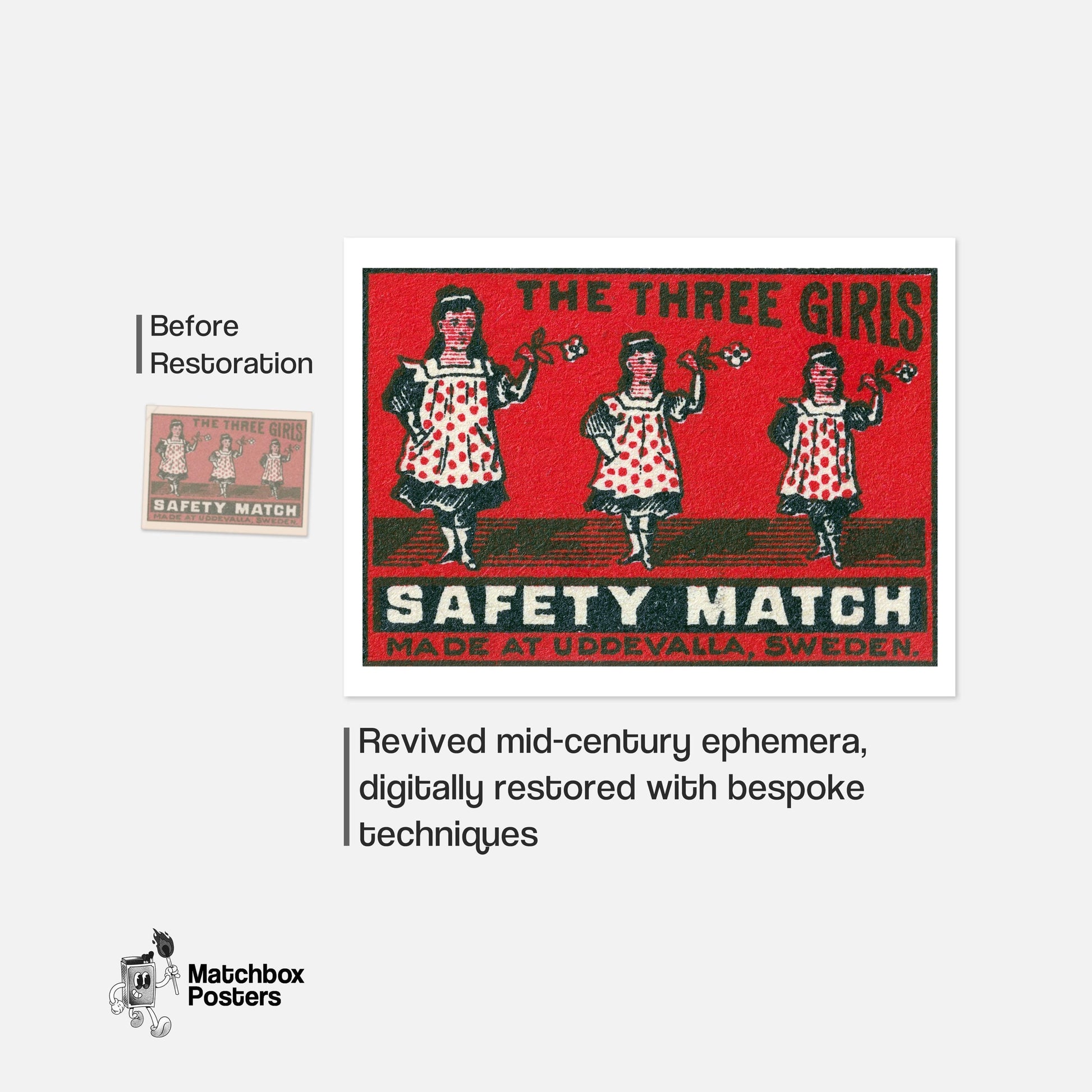 Three Girls - vintage matchbox label print - framed wall art preview