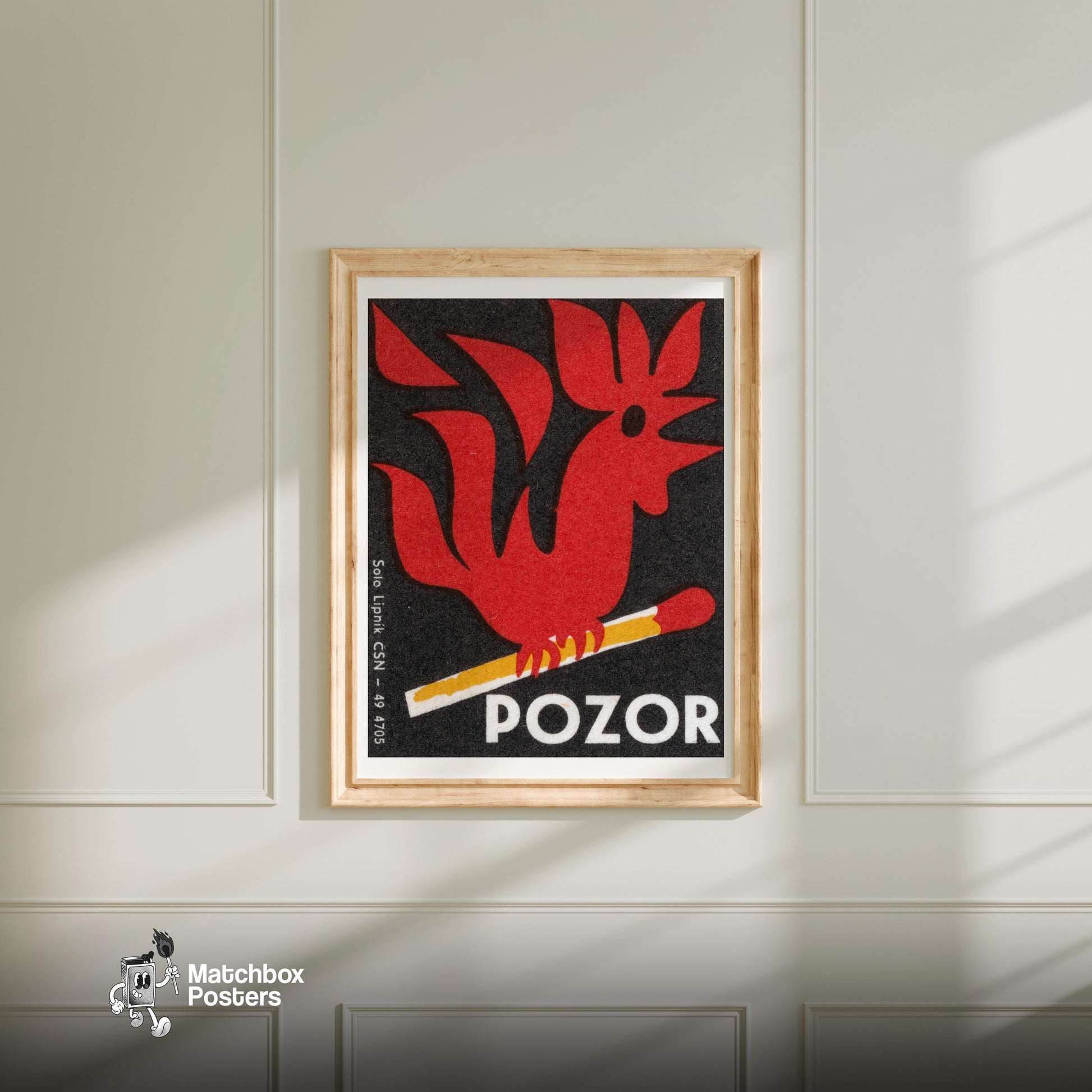 Match Flame Rooster - vintage matchbox label print - bedroom mockup