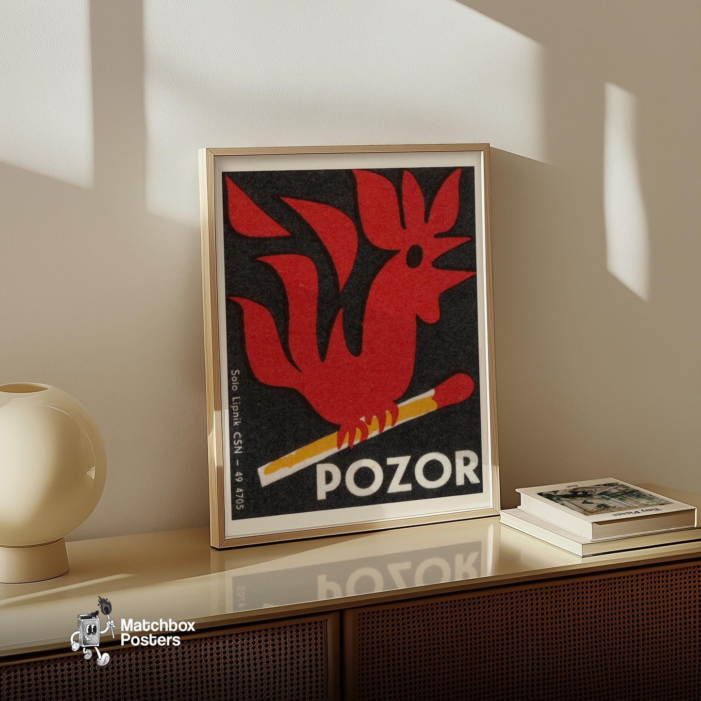 Match Flame Rooster - vintage matchbox label print - size comparison