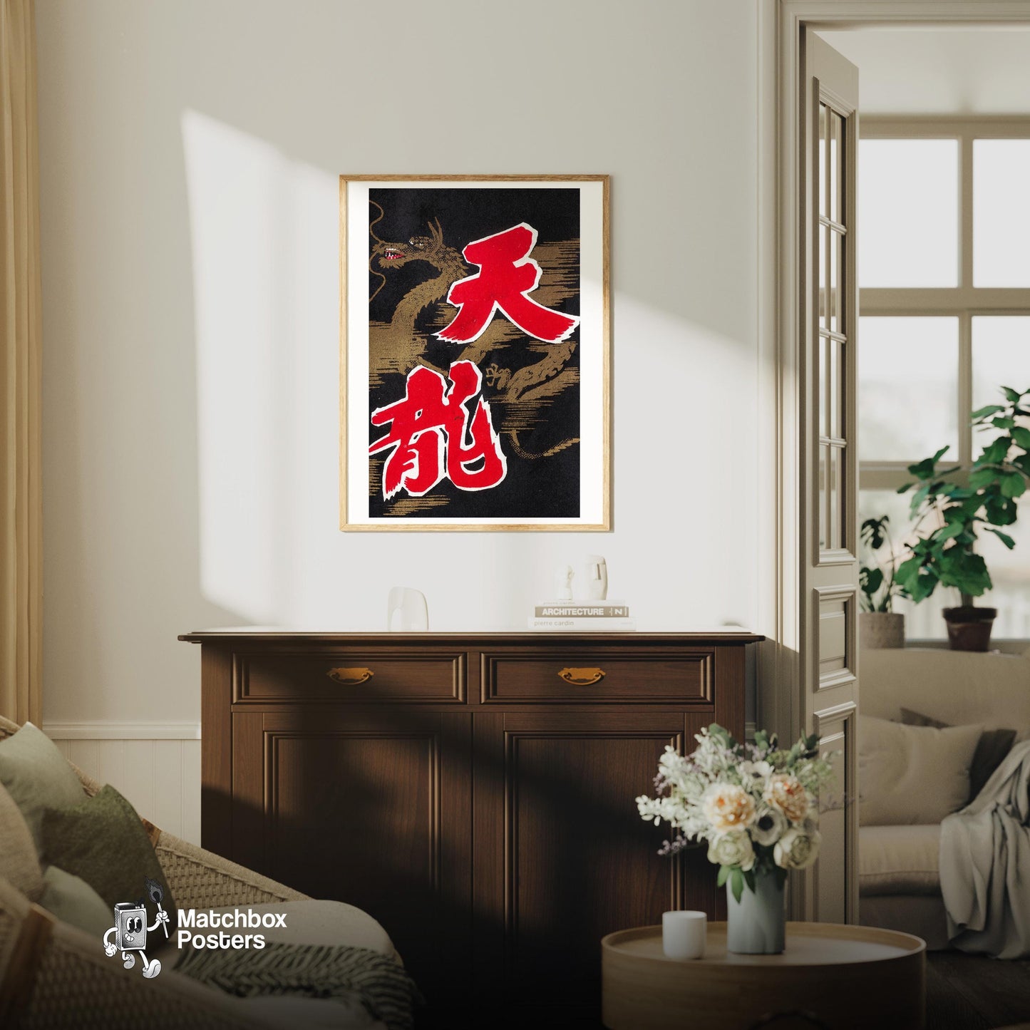 Golden Dragon - vintage matchbox label print - living room mockup