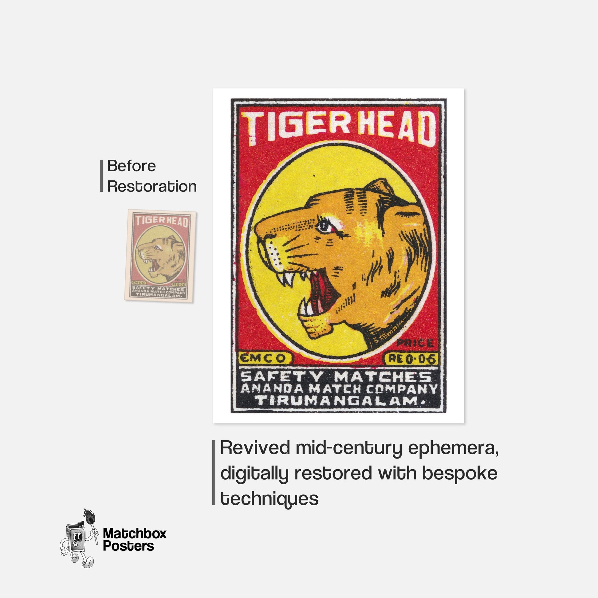Tiger Head - vintage matchbox label print - framed wall art preview