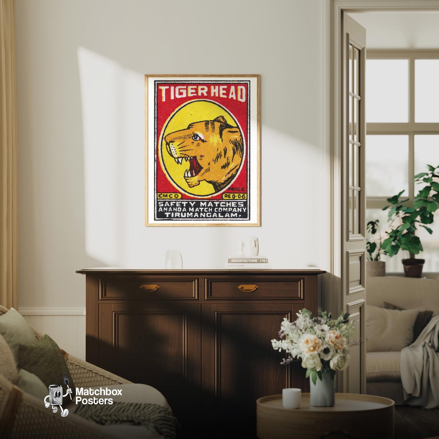 Tiger Head - vintage matchbox label print - living room mockup