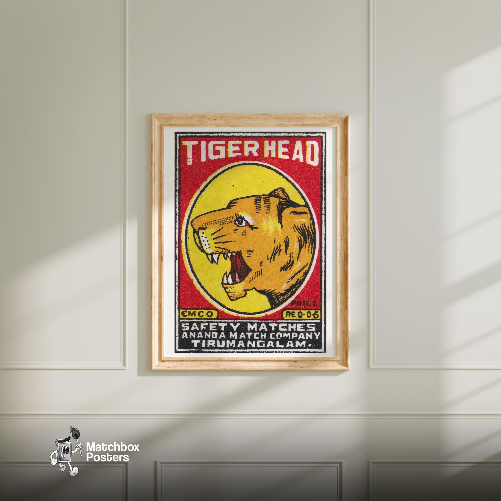 Tiger Head - vintage matchbox label print - bedroom mockup