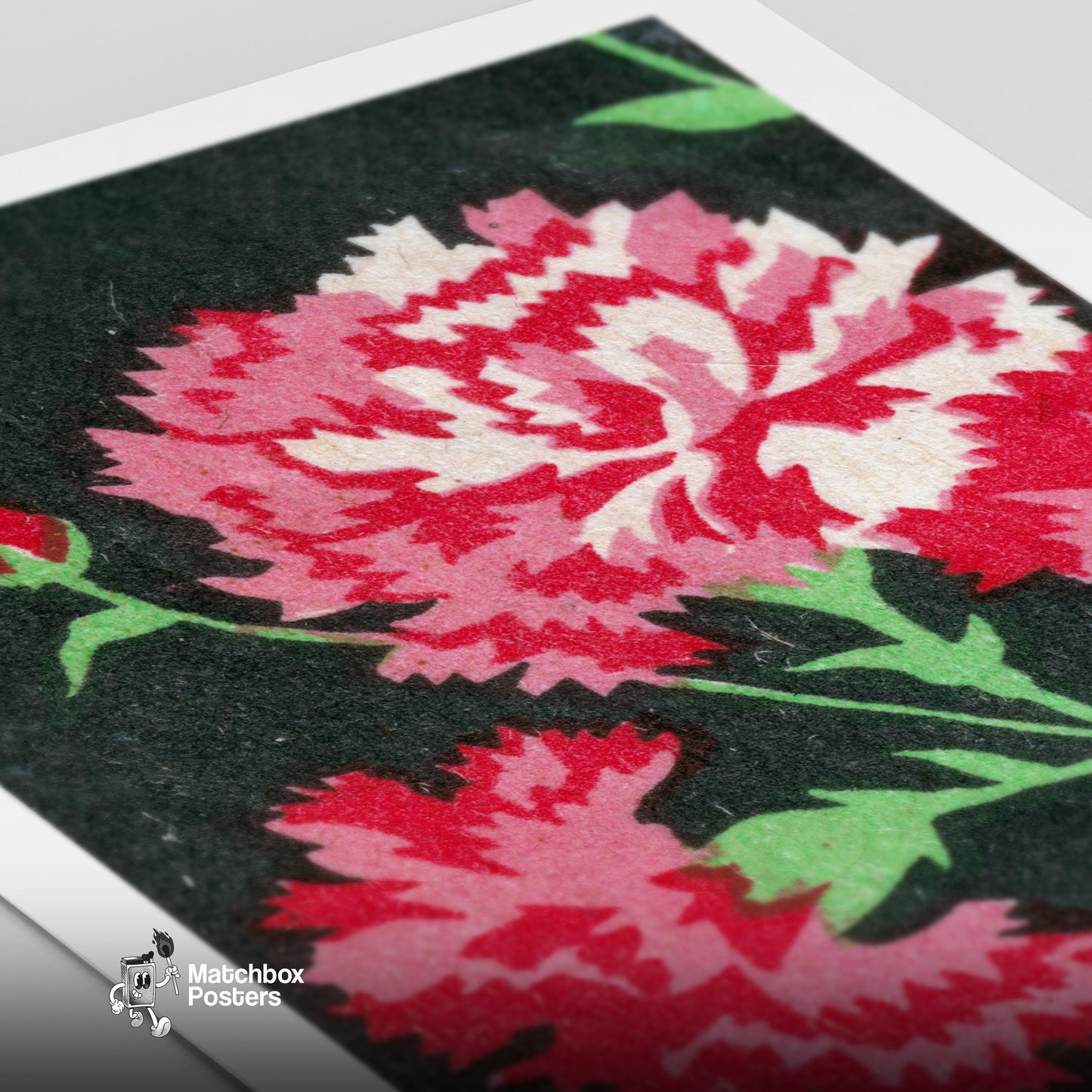 Carnations - vintage matchbox label print - close-up detail