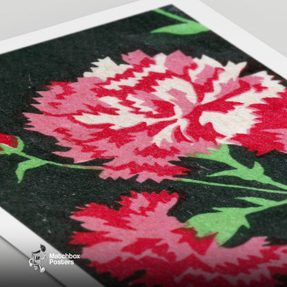 Carnations - vintage matchbox label print - close-up detail
