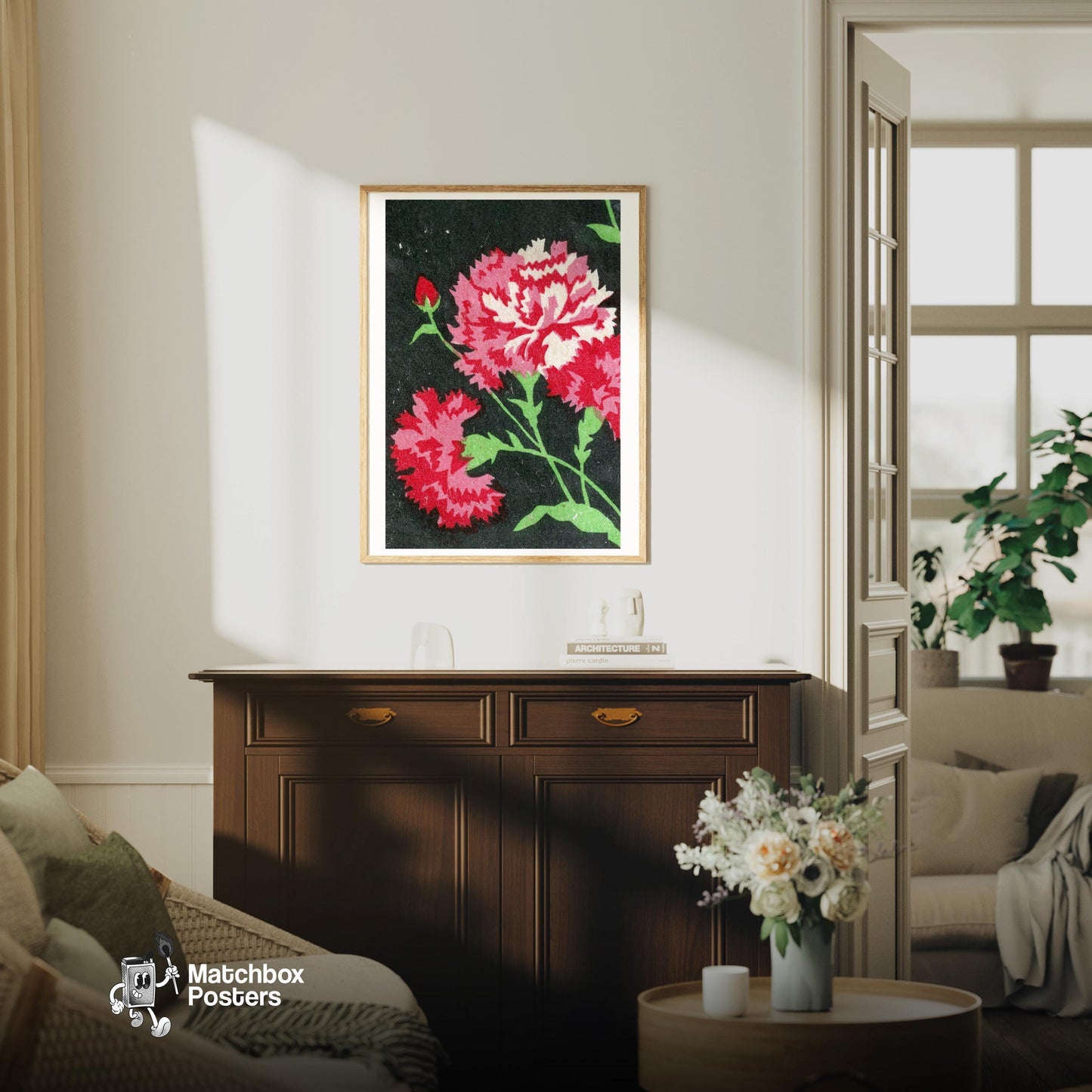 Carnations - vintage matchbox label print - living room mockup