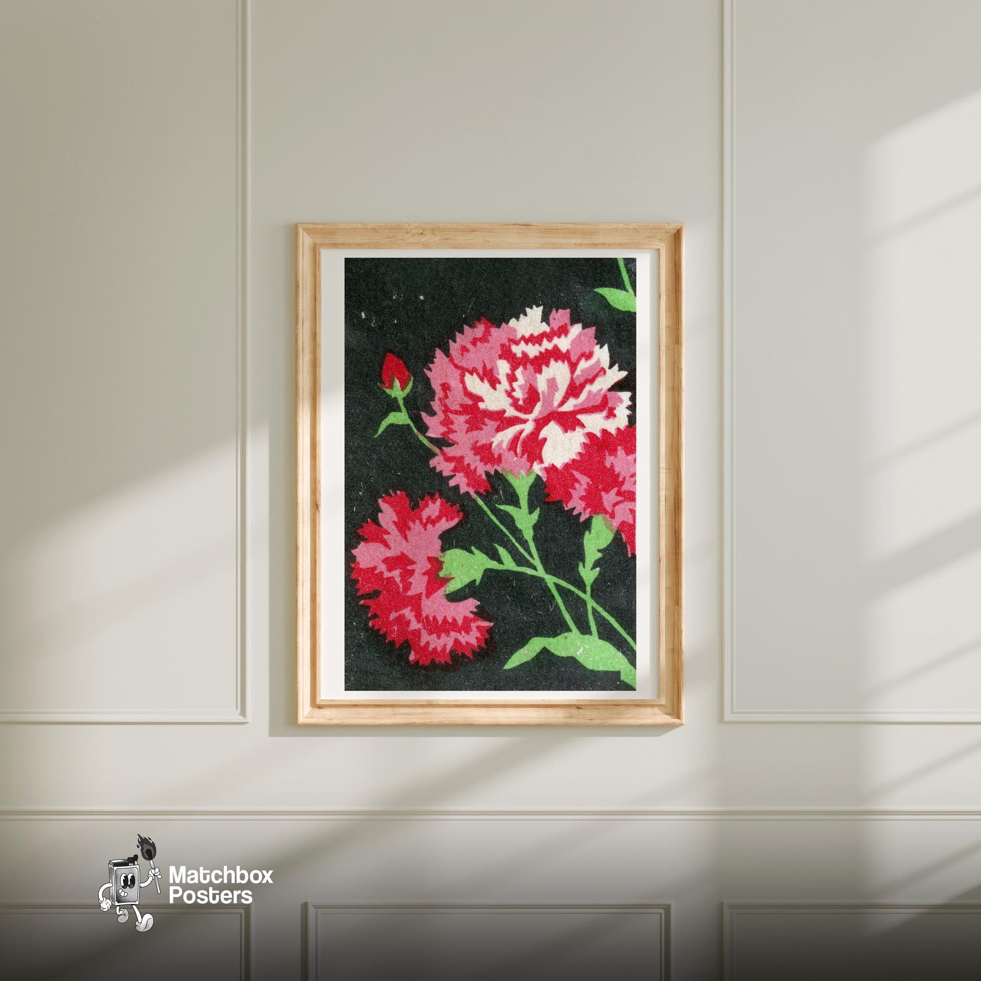 Carnations - vintage matchbox label print - bedroom mockup