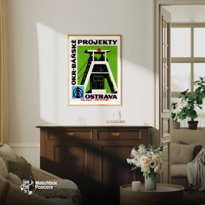 Mine Elevator Shaft - vintage matchbox label print - living room mockup