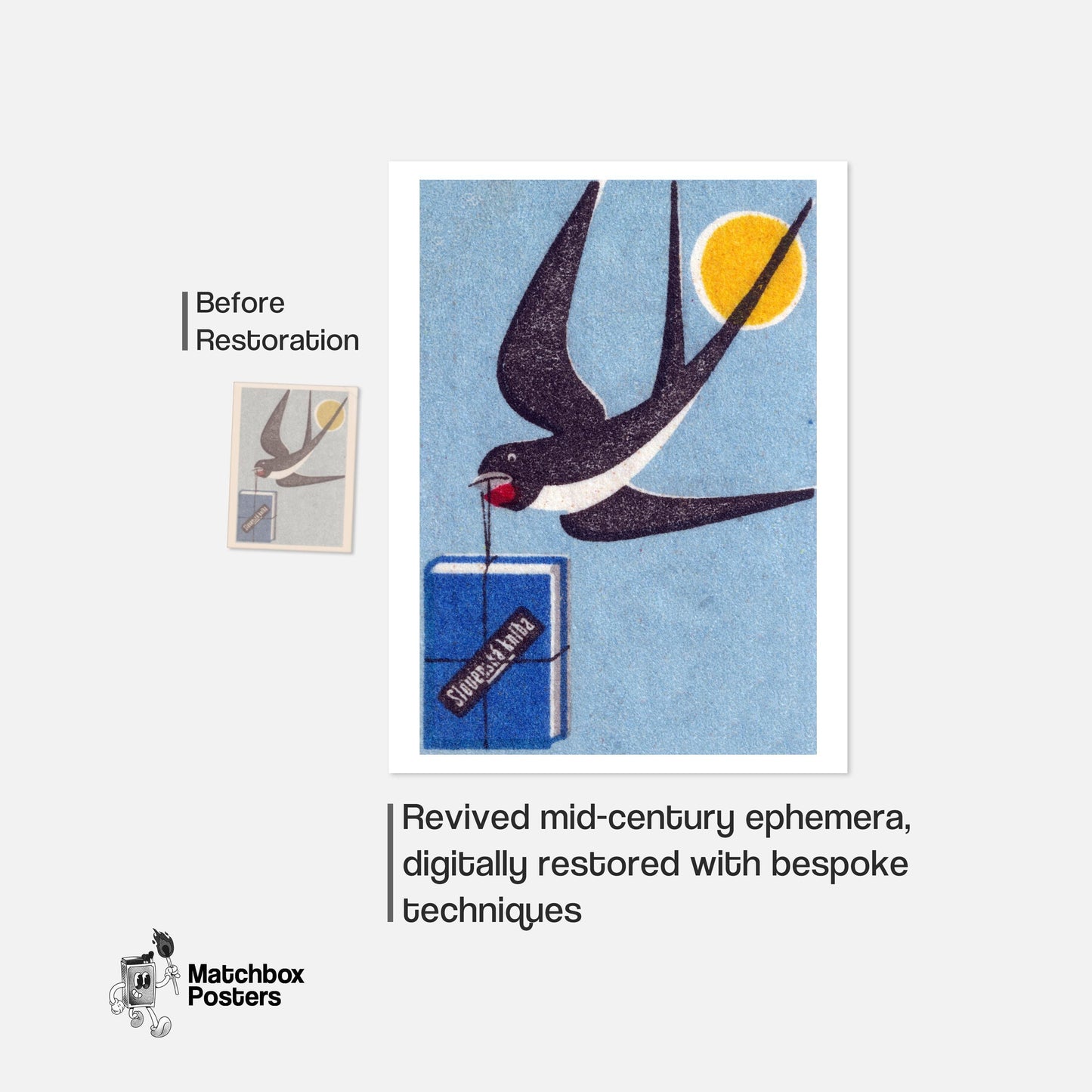Swallow Carrying Package - vintage matchbox label print - framed wall art preview