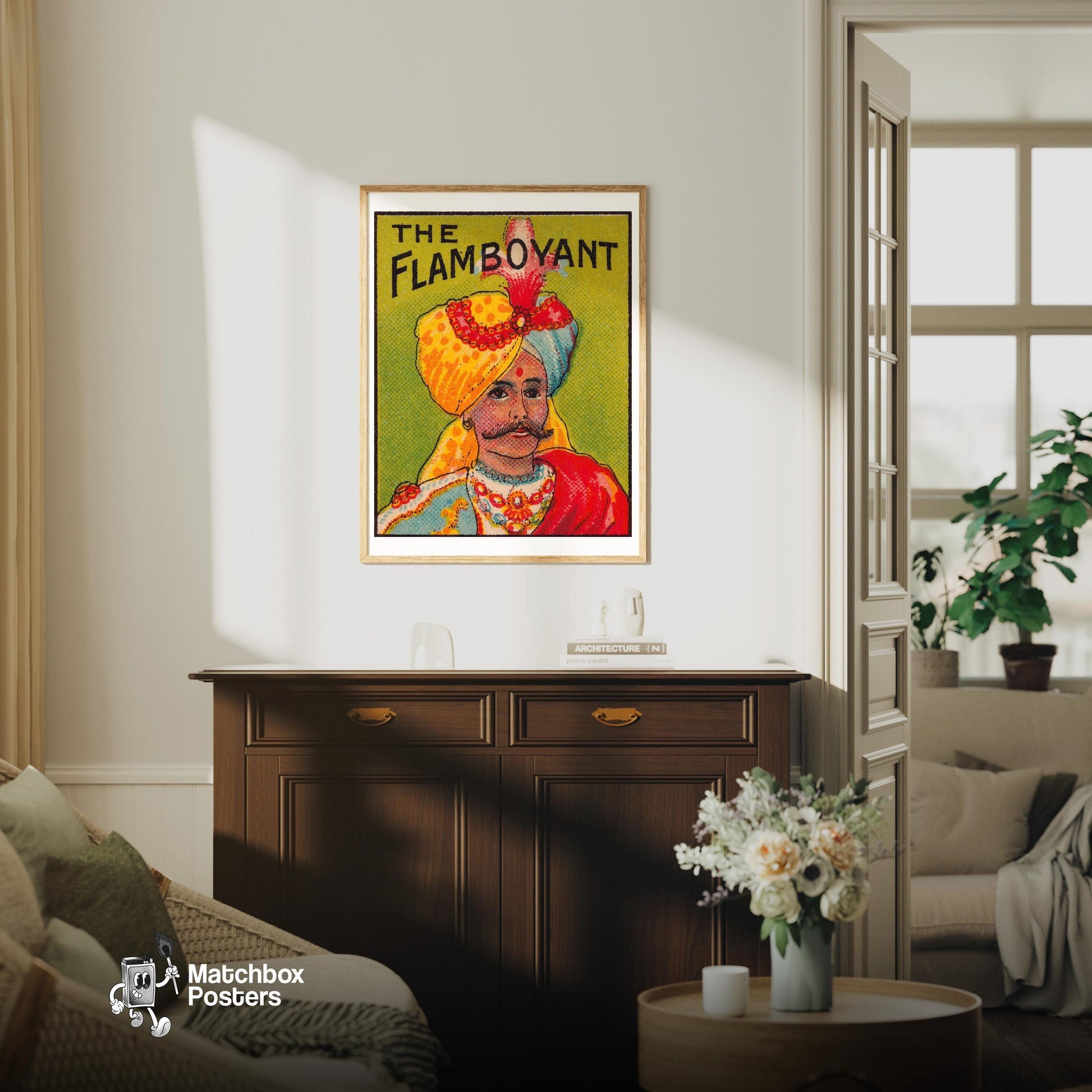 Man in Turban - vintage matchbox label print - living room mockup