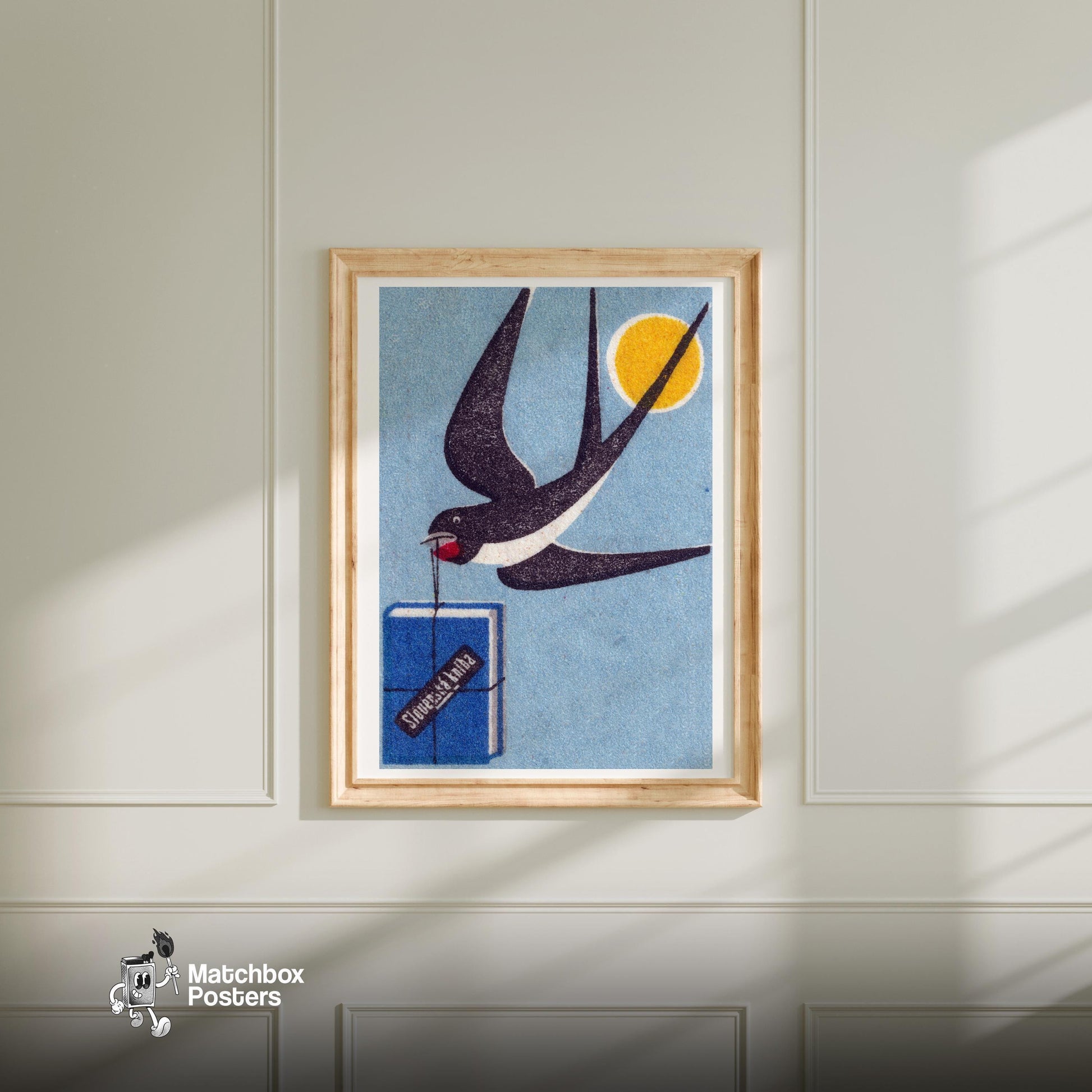 Swallow Carrying Package - vintage matchbox label print - bedroom mockup