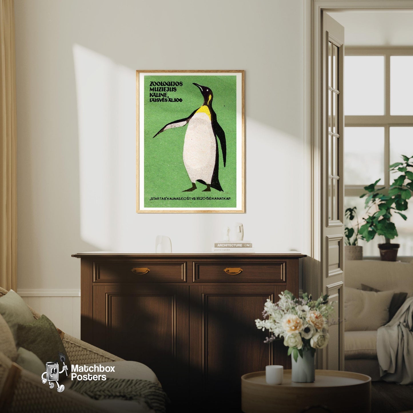 Penguin Standing - vintage matchbox label print - living room mockup