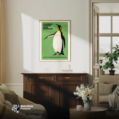 Penguin Standing - vintage matchbox label print - living room mockup
