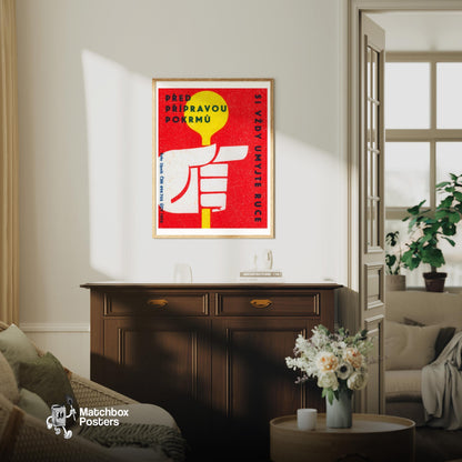 Hand Holding Object - vintage matchbox label print - living room mockup
