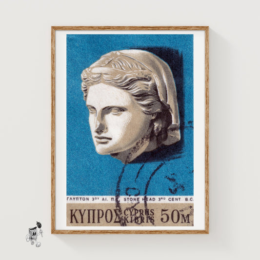 Stone Head Sculpture - vintage matchbox label print