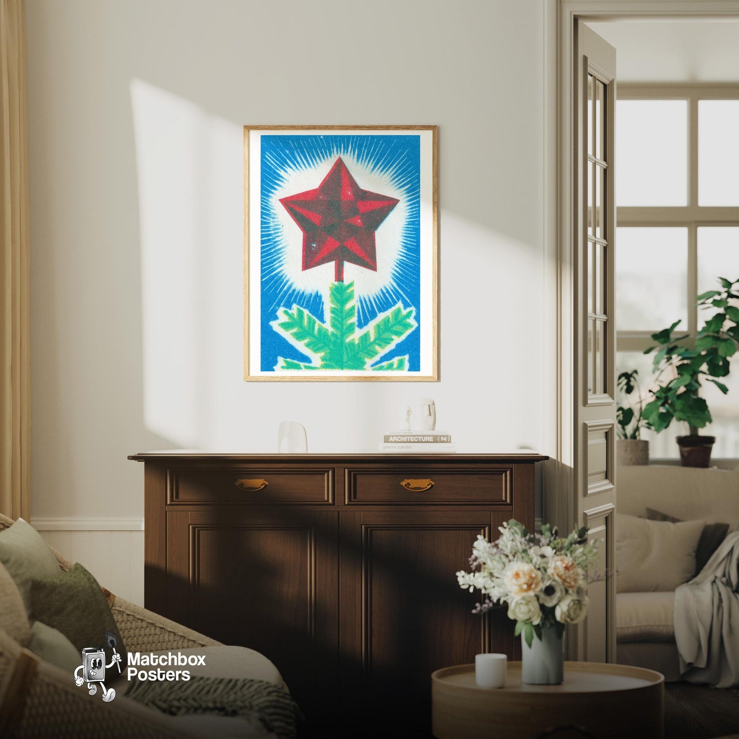 Red Star Christmas Tree - vintage matchbox label print - living room mockup