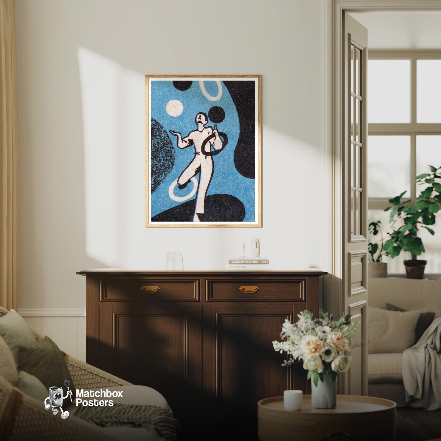 Juggler - vintage matchbox label print - living room mockup
