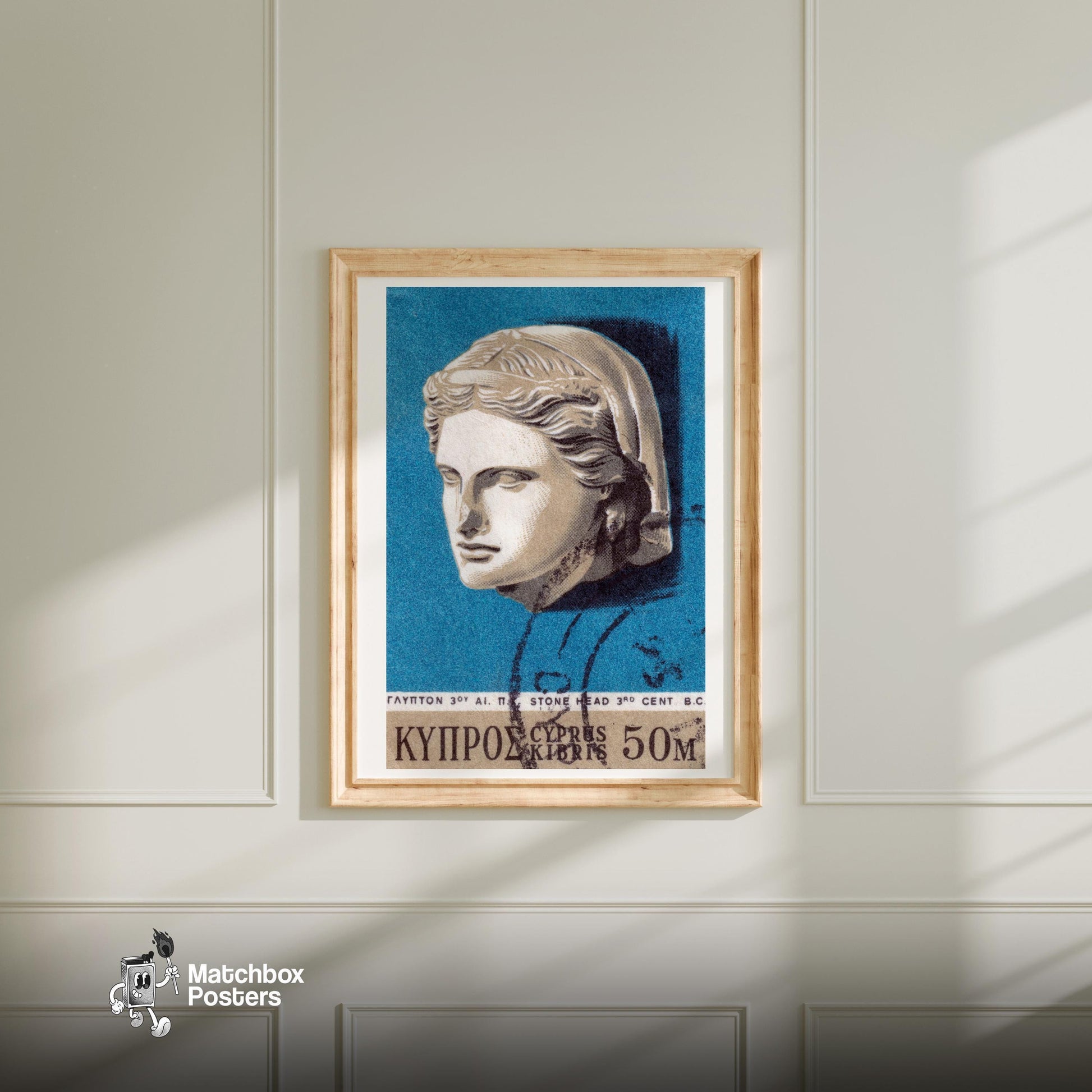 Stone Head Sculpture - vintage matchbox label print - bedroom mockup