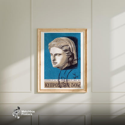Stone Head Sculpture - vintage matchbox label print - bedroom mockup