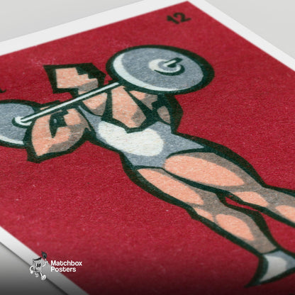 Weightlifter - vintage matchbox label print - close-up detail