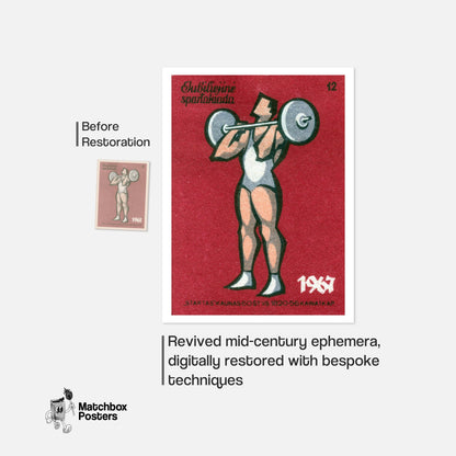 Weightlifter - vintage matchbox label print - framed wall art preview