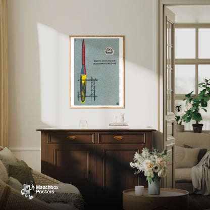 Atlas Rocket Launch - vintage matchbox label print - living room mockup