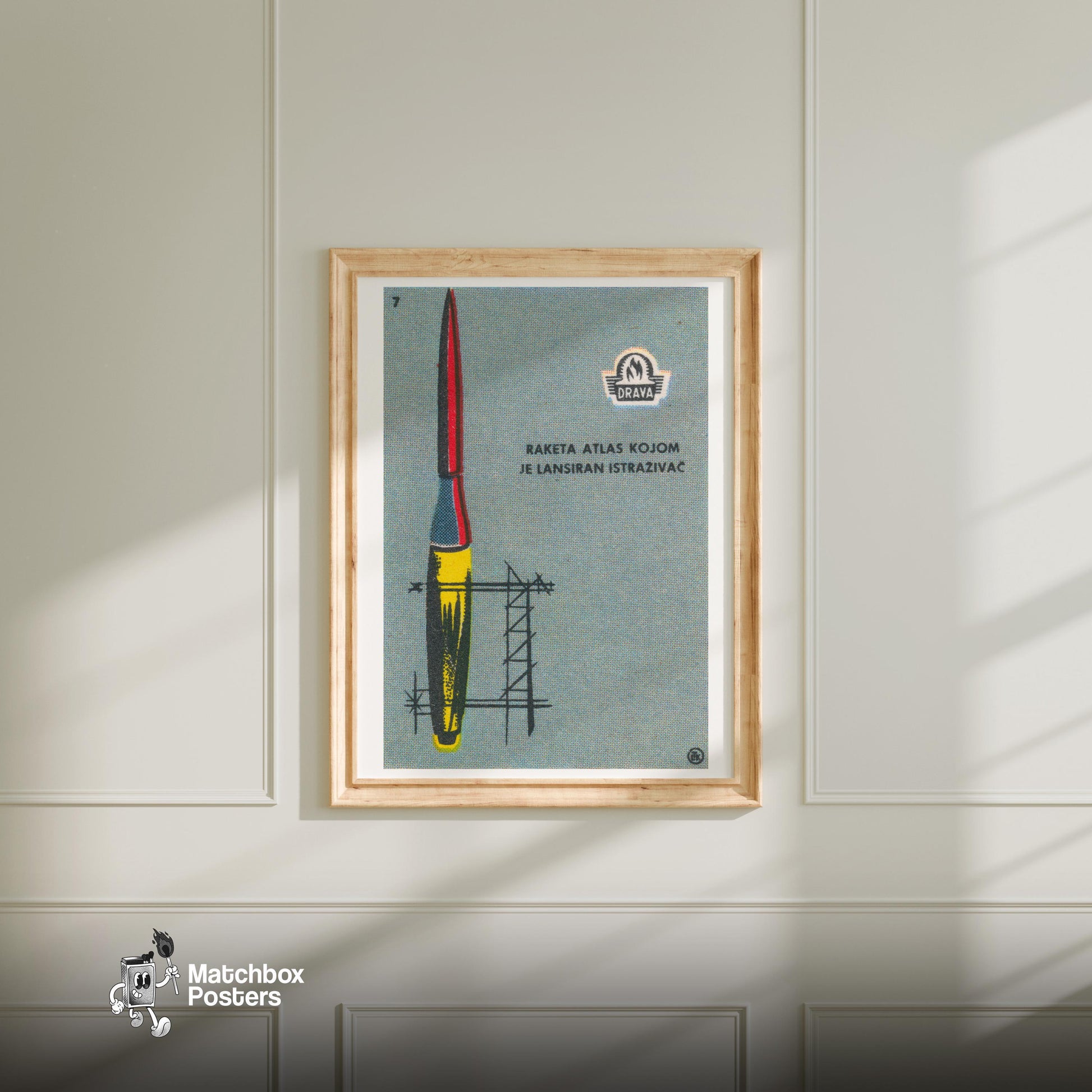 Atlas Rocket Launch - vintage matchbox label print - bedroom mockup