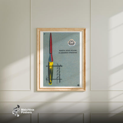 Atlas Rocket Launch - vintage matchbox label print - bedroom mockup