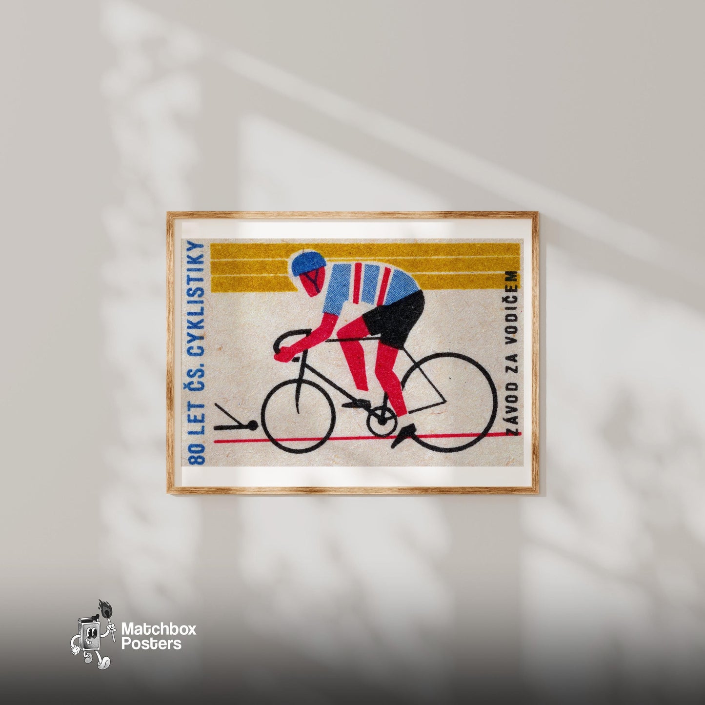 Cyclist - vintage matchbox label print - bedroom mockup